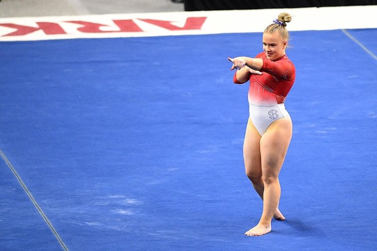 Arkansas gymnastics scores season high in loss to Alabama at Bud Walton Arena